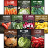 Collection of Survival Garden Seeds packaging for various vegetables with images and names.