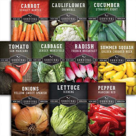 Collection of Survival Garden Seeds packaging for various vegetables with images and names.