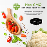 Promotional image of non-GMO, non-hybrid heirloom seeds with tomatoes and cauliflower on a white background.
