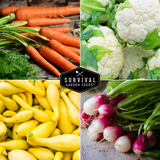 Collage of vegetables with 'Survival Garden Seeds' logo in the center.