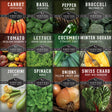 Grid of vegetable seed packets with images and names on a black background