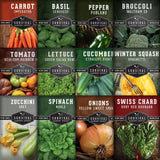 Grid of vegetable seed packets with images and names on a black background