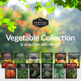 Survival Garden Seeds Vegetable Collection with seed packets displayed against a garden background.