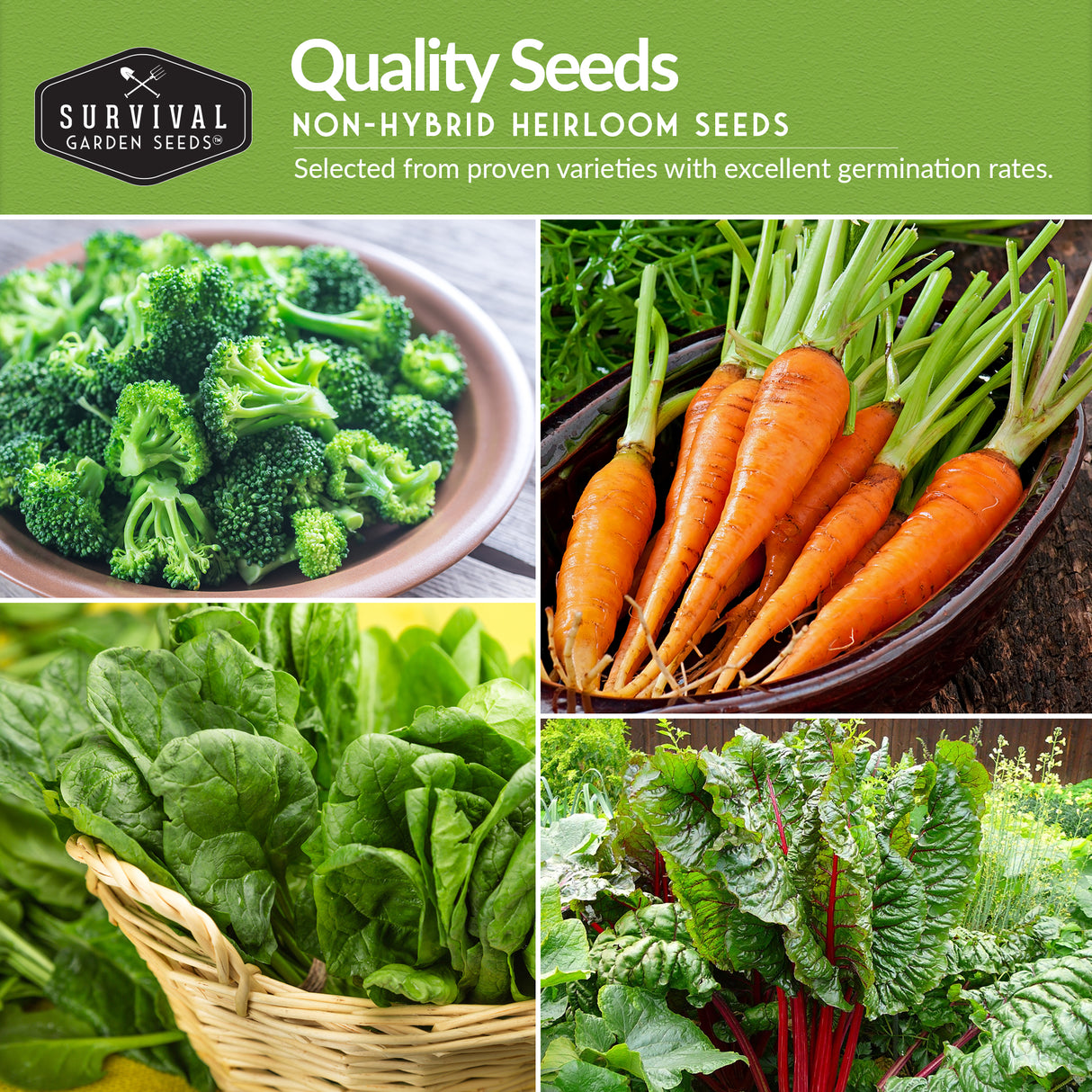 Collage of vegetables with 'Survival Garden Seeds' branding and text about non-hybrid heirloom seeds.