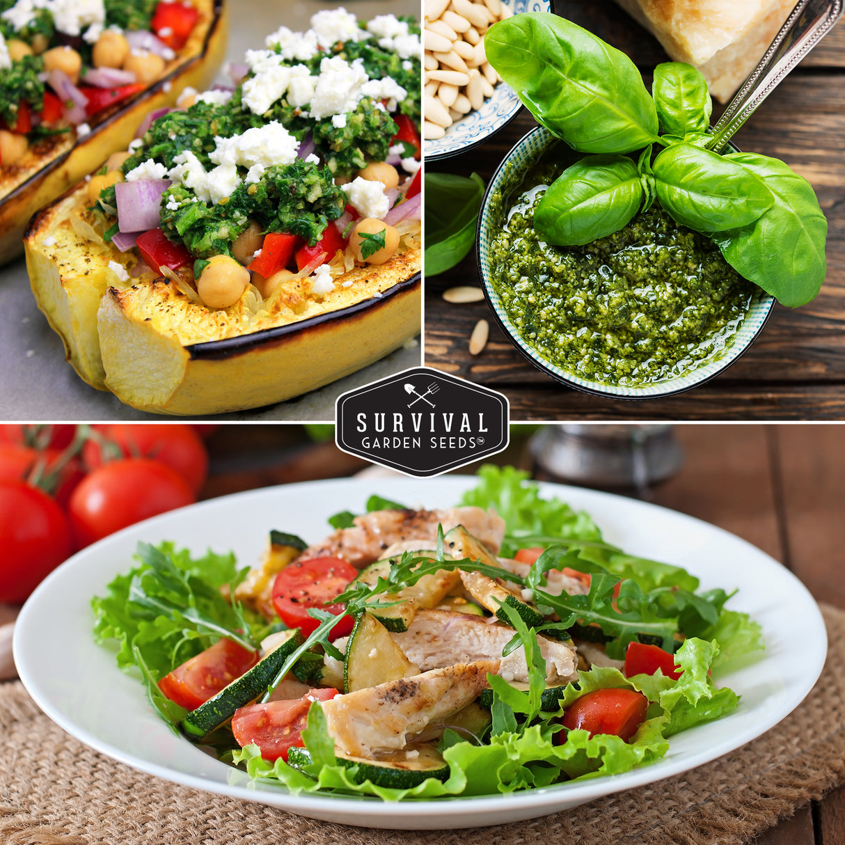 Collage of healthy food images including a salad, pesto, and roasted vegetables with 'Survival Garden Seeds' branding.