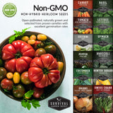Survival Garden Seeds Non-GMO non-hybrid heirloom seeds packaging with a bowl of tomatoes and seed packets.