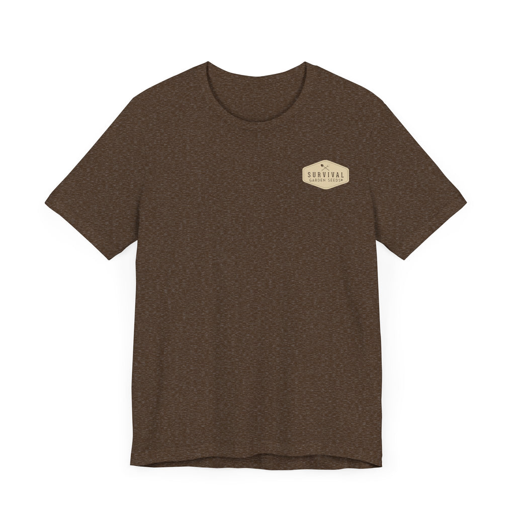 Get Back to Your Roots, Plant Native Tee - shirt front with Survival Garden Seeds logo - Heather Brown
