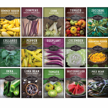 Grid of vegetable seed packets with images and names on a white background