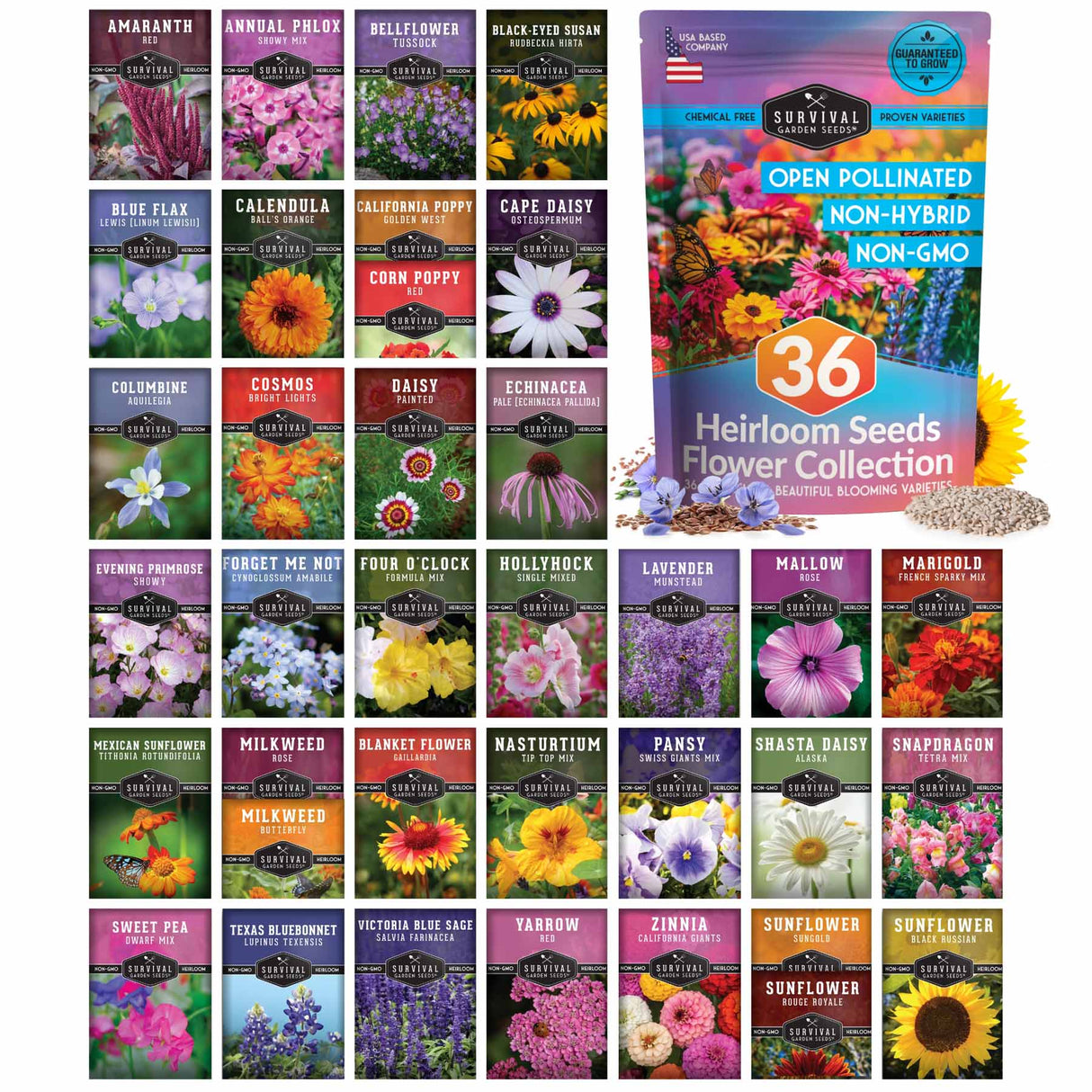 Collection of heirloom seeds packaging for flowers with a prominent '36 Heirloom Seeds Flower Collection' package.
