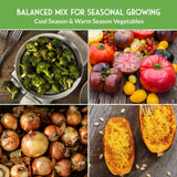 Collage of vegetables with text 'Balanced Mix for Seasonal Growing' on a green background.