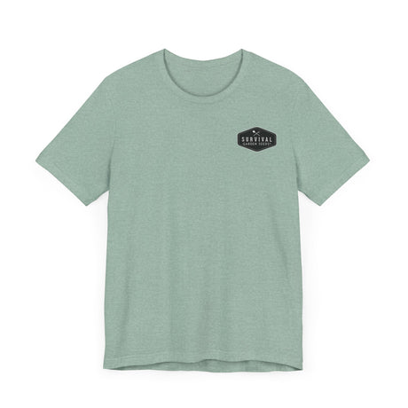 Get Back to Your Roots, Plant Native Tee - shirt front with Survival Garden seeds logo - Heather Dusty Blue
