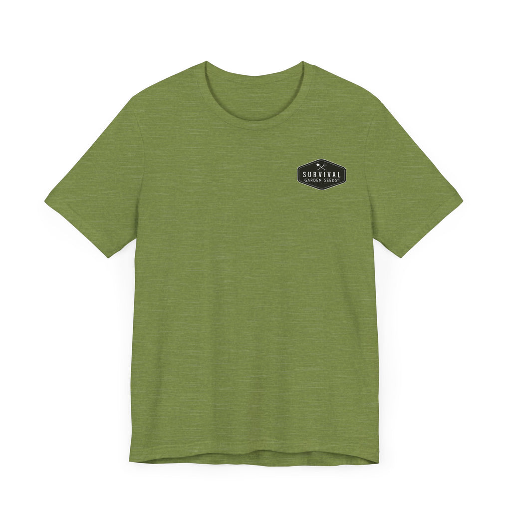 Get Back to Your Roots, Plant Native Tee - shirt front with Survival Garden Seeds logo - Heather Green