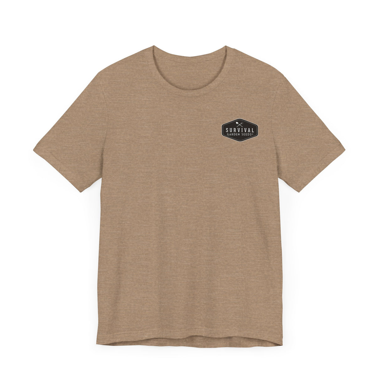 Get Back to Your Roots, Plant Native Tee - Shirt front with Survival Garden Seeds logo - Heather Tan