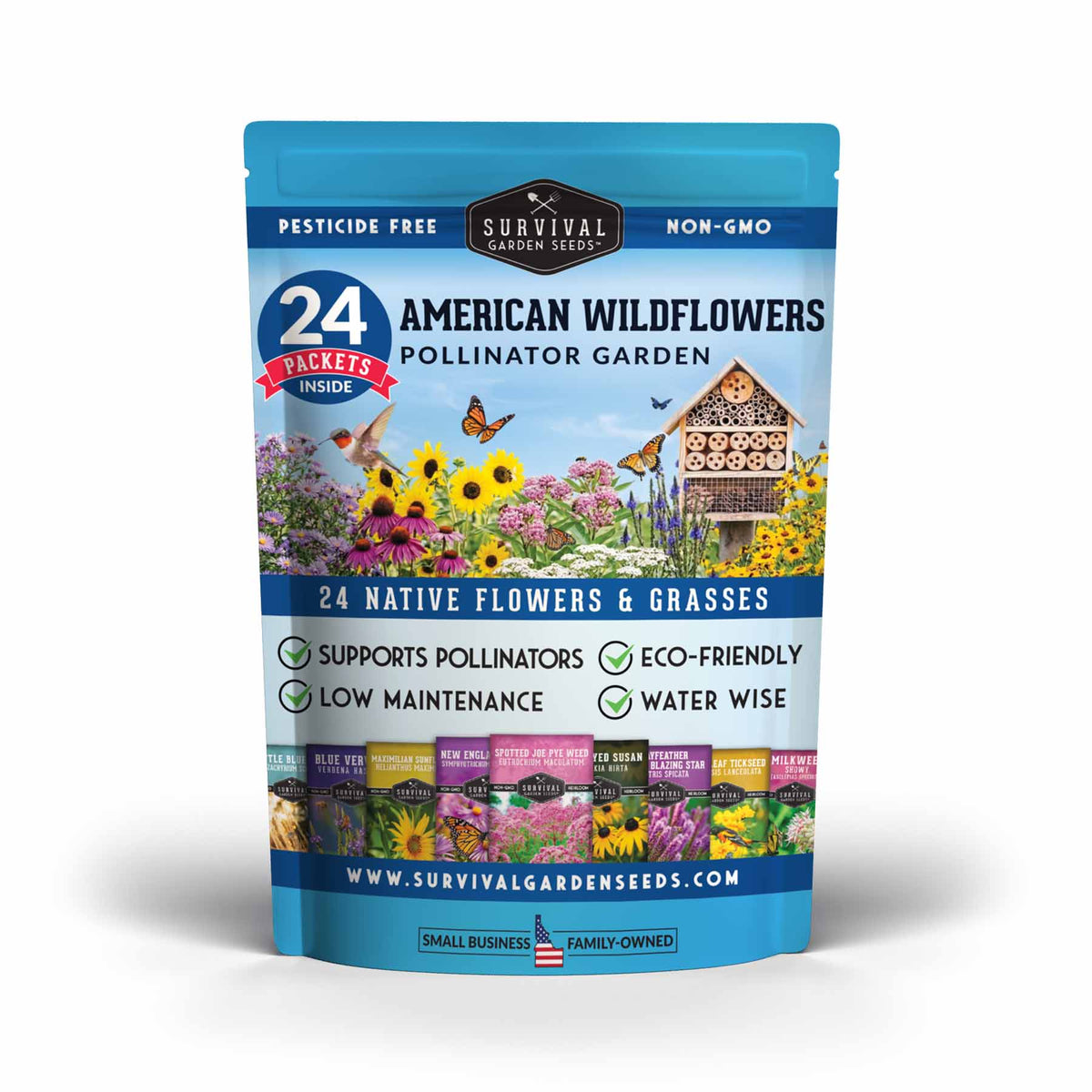 A stand-up pouch of Survival Garden Seeds 'American Wildflowers Pollinator Garden' containing 24 seed packets, shown on a clean white background.