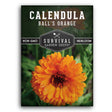 Survival Garden Seeds Calendula Ball's Orange seed packet with an orange flower on a dark green background.