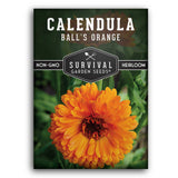 Survival Garden Seeds Calendula Ball's Orange seed packet with an orange flower on a dark green background.