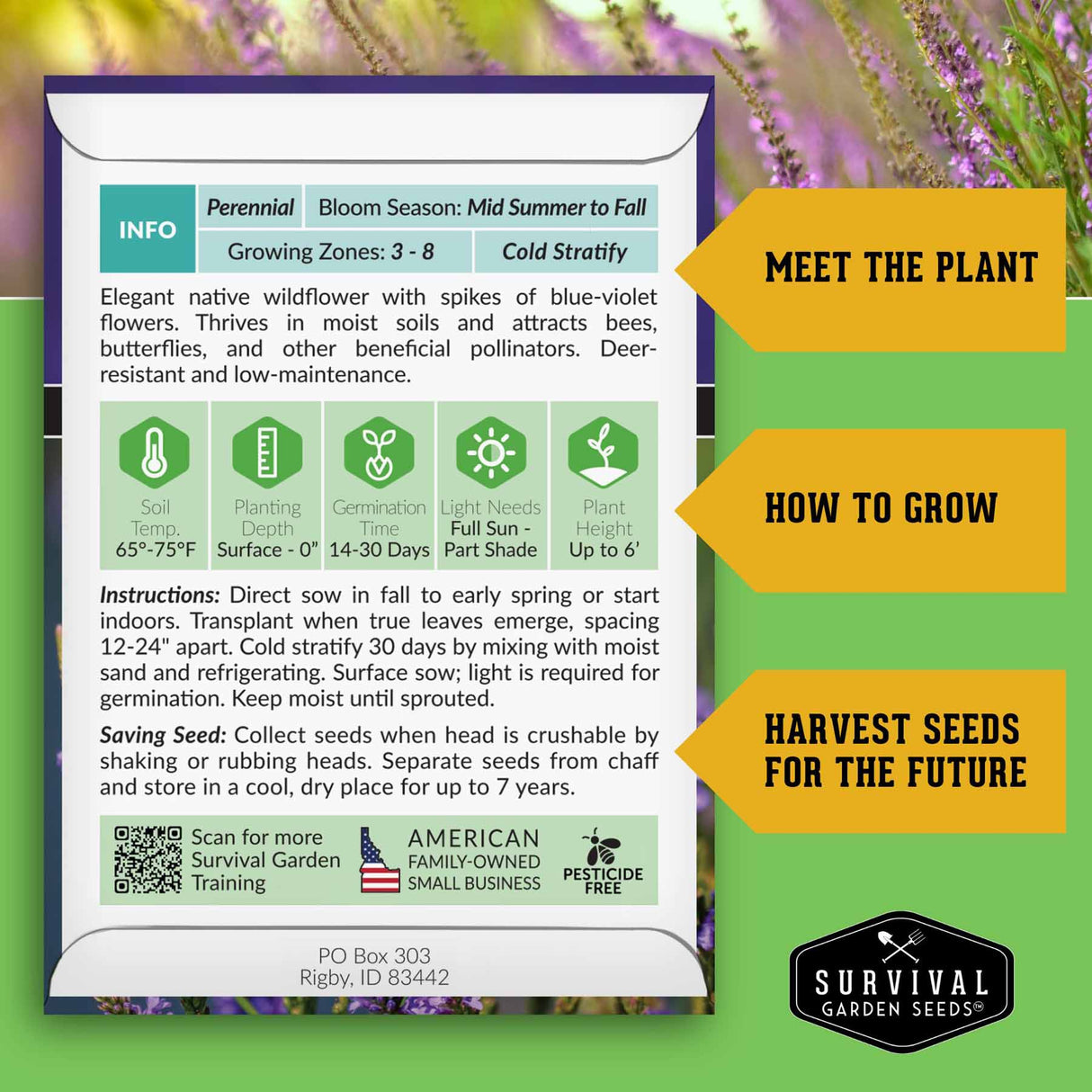 Survival Garden Seeds packaging for Blue Vervain with information on care and growth.
