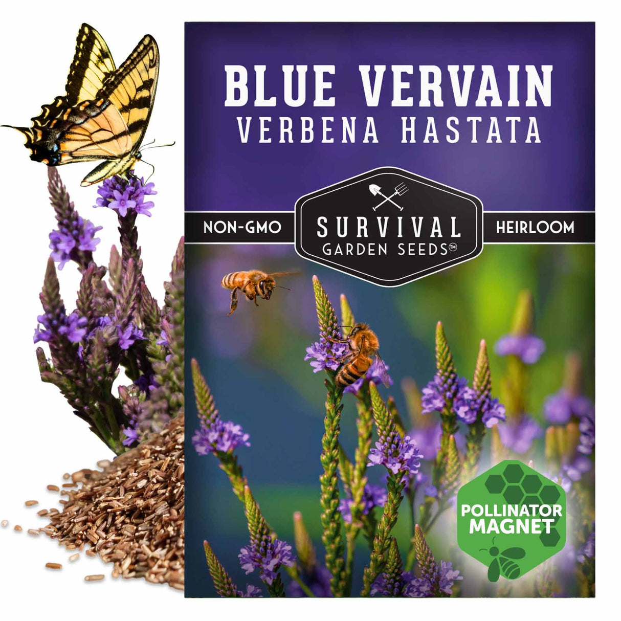 Survival Garden Seeds Blue Vervain seed packet with butterfly and bee on flowers
