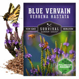 Survival Garden Seeds Blue Vervain seed packet with butterfly and bee on flowers