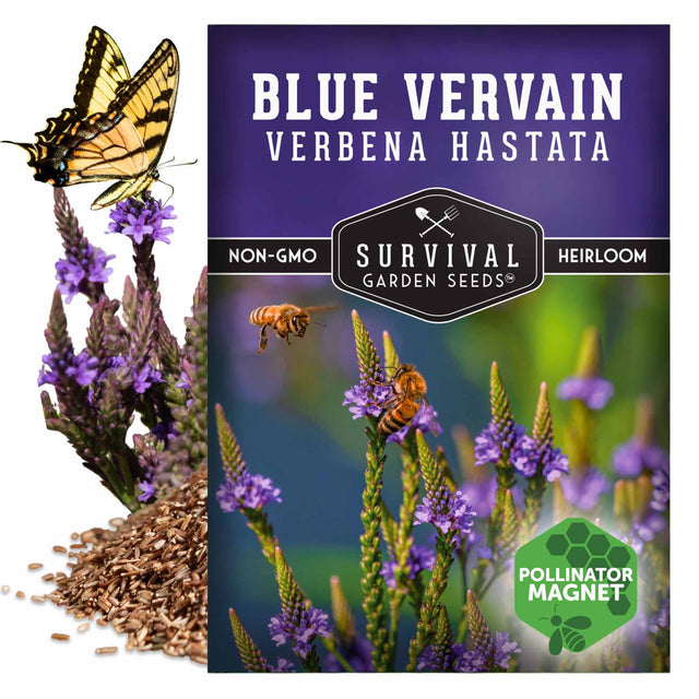 Survival Garden Seeds Blue Vervain seed packet with butterfly and bee on flowers