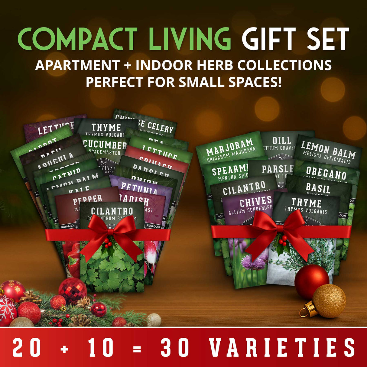 Compact Living gift set with indoor herb collections on a wooden surface with Christmas decorations.
