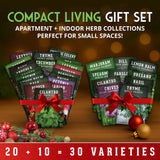 Compact Living gift set with indoor herb collections on a wooden surface with Christmas decorations.