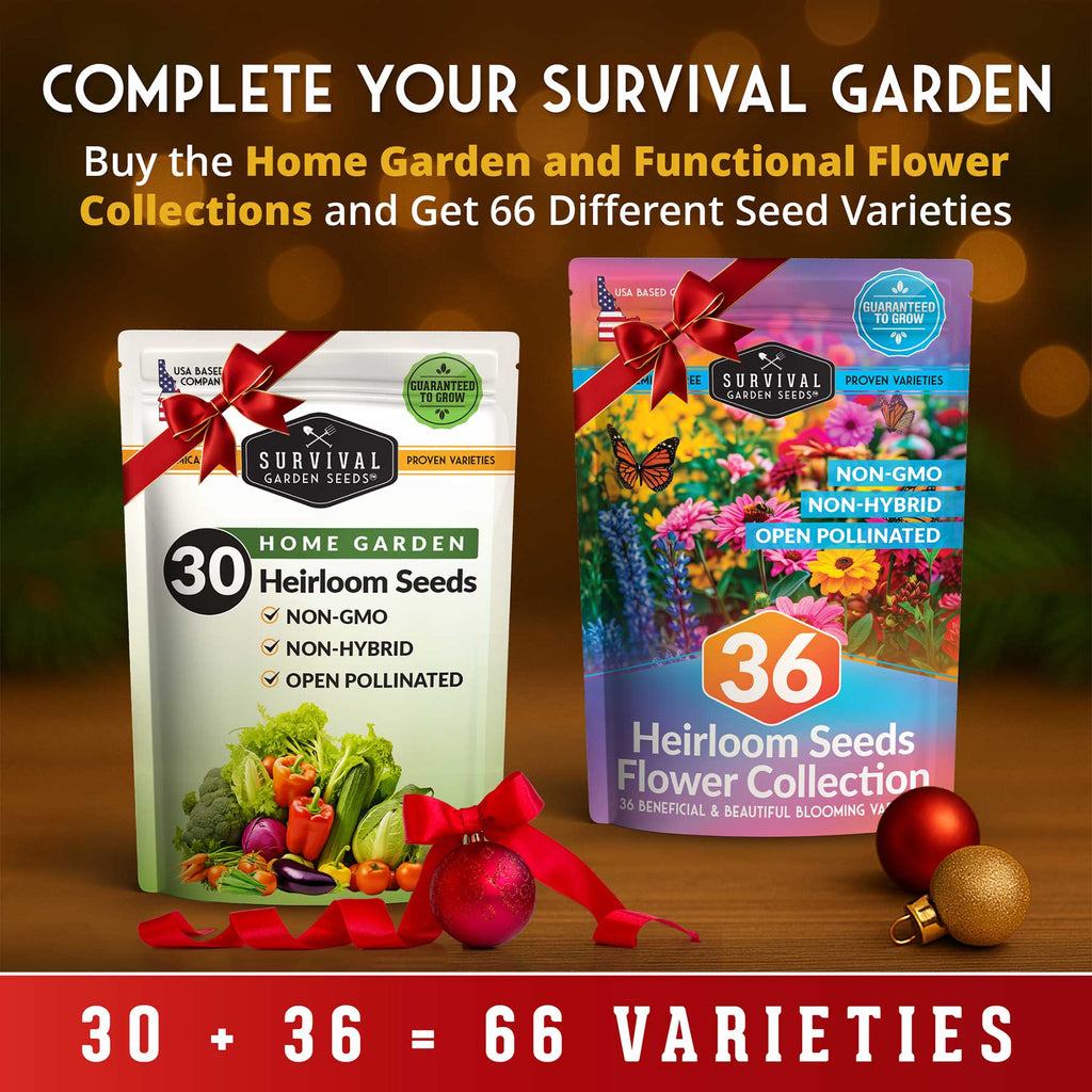 Two seed packets with ribbons on a wooden surface, promoting survival garden and flower collections.