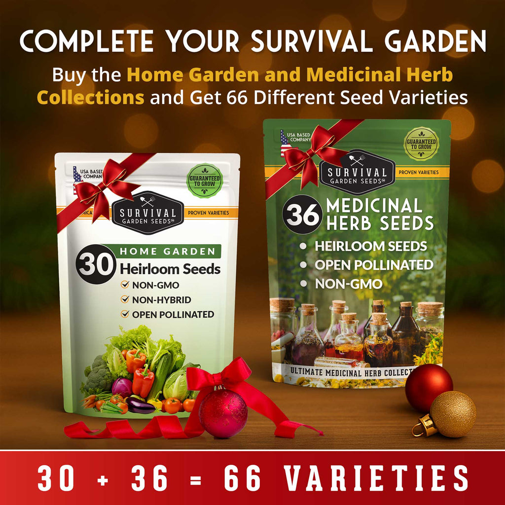 Two seed packets with ribbons on a wooden surface, promoting home garden and medicinal herb collections.