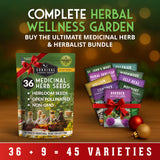 Survival Garden Seeds packaging with herbal seeds and promotional text on a wooden surface.