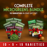 Complete microgreens bundle with 15 varieties on a wooden surface.