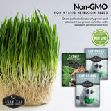 Cat grass with Survival Garden Seeds packages on a light gray background
