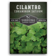 Survival Garden Seeds cilantro seed packet with green cilantro leaves on a dark background