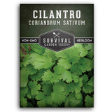 Survival Garden Seeds cilantro seed packet with green cilantro leaves on a dark background
