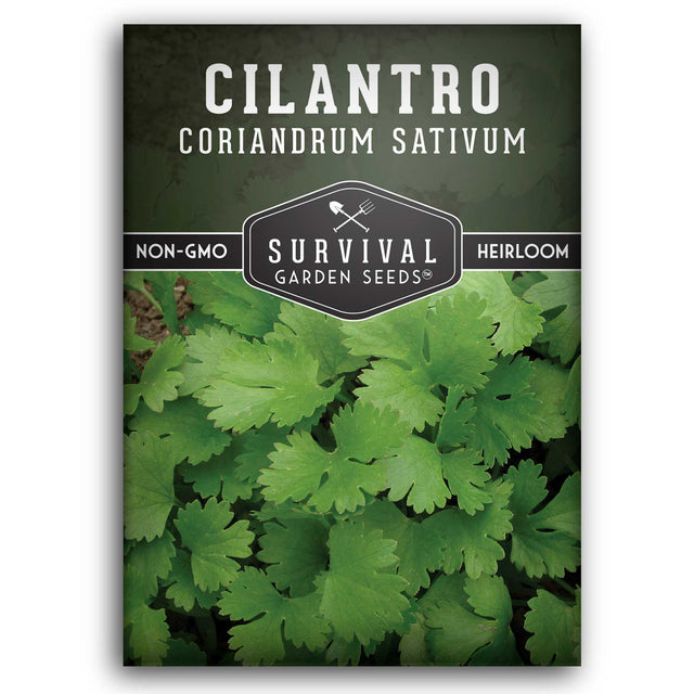 Survival Garden Seeds cilantro seed packet with green cilantro leaves on a dark background