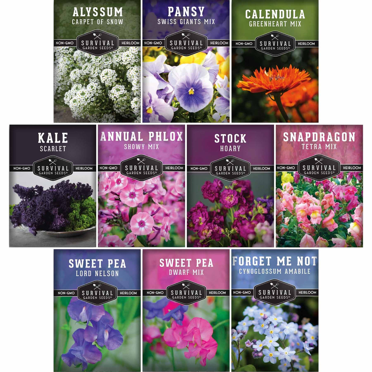 Collection of seed packets for various plants with images and names on a white background
