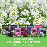 Collection of seed packets for a 'Cool Weather Ornamentals' collection with white flowers in the background.