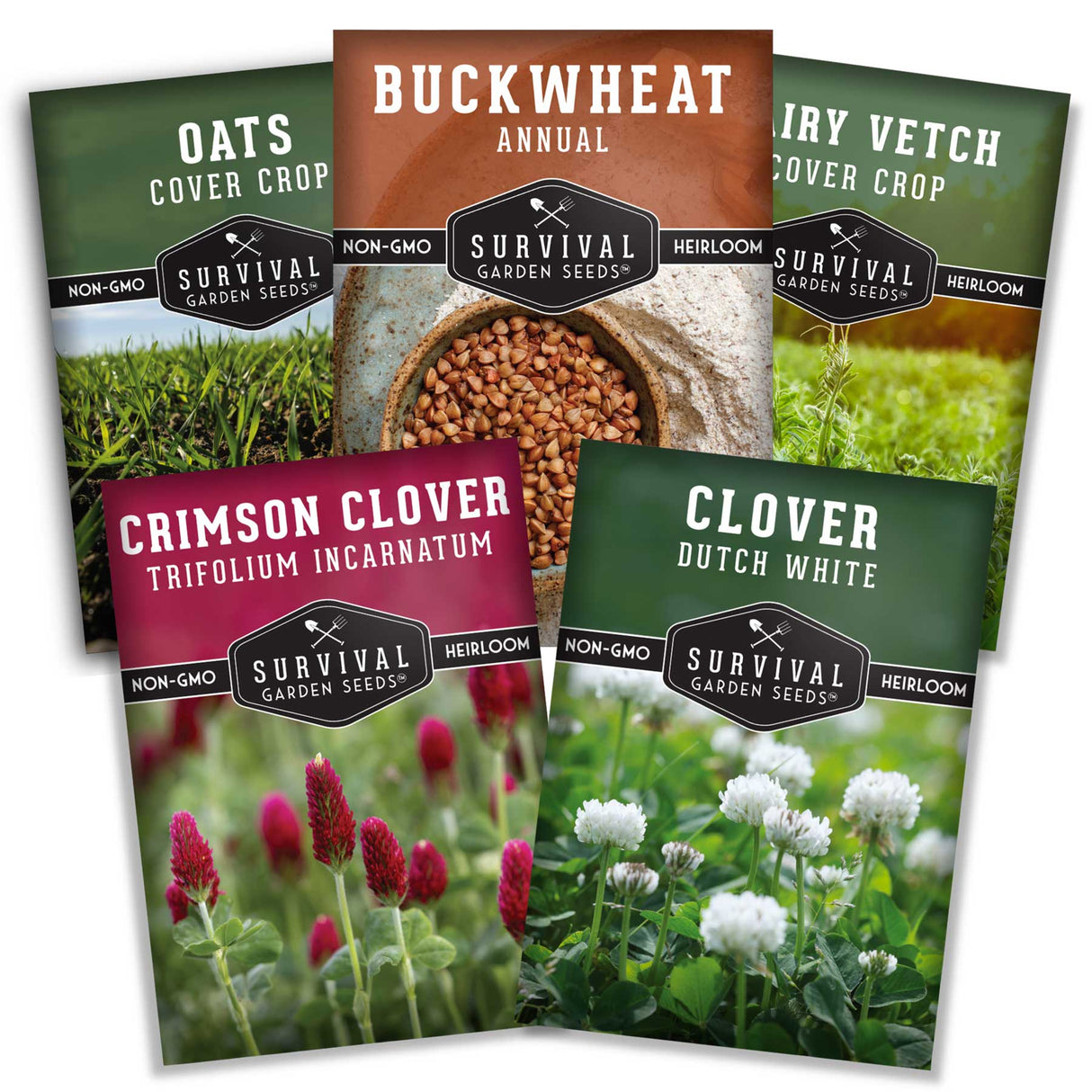 Five packets of Survival Garden Seeds with different types of seeds and their respective images.