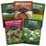 Five packets of Survival Garden Seeds with different types of seeds and their respective images.