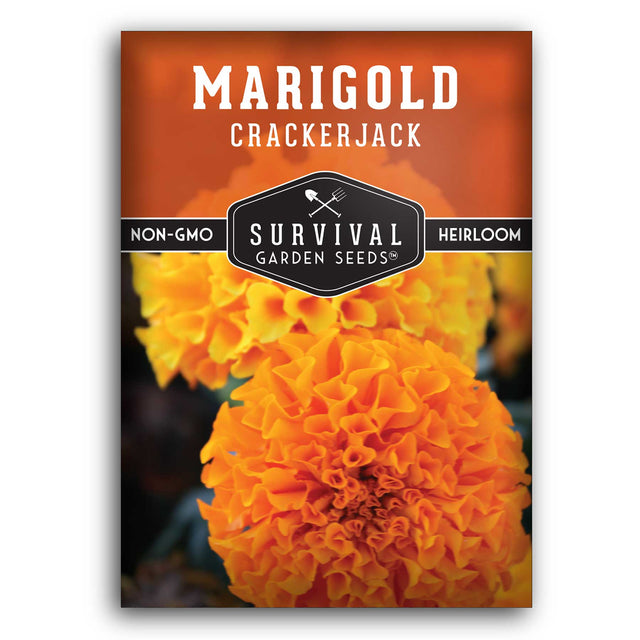 Survival Garden Seeds Marigold Crackerjack package with marigold flowers on a white background