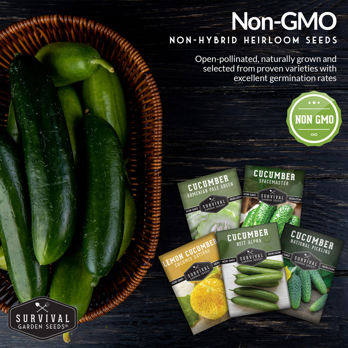 Basket of cucumbers with cucumber seed packets and 'Non-GMO' label on a dark wooden background.