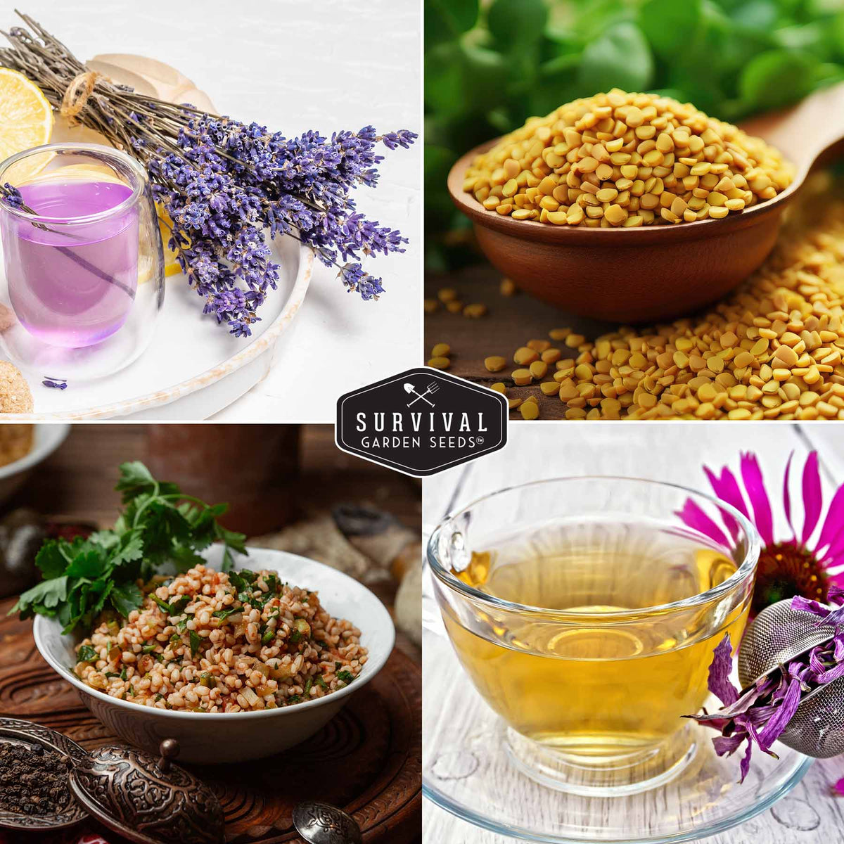 A four-panel collage showing dried and prepared foods from Survival Garden Seeds: lavender flowers and a glass of purple tea in the top left, lentils in a wooden bowl in the top right, a bowl of mixed grain salad with herbs in the bottom left, and a glass cup of golden tea with a purple flower in the bottom right.