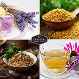 A four-panel collage showing dried and prepared foods from Survival Garden Seeds: lavender flowers and a glass of purple tea in the top left, lentils in a wooden bowl in the top right, a bowl of mixed grain salad with herbs in the bottom left, and a glass cup of golden tea with a purple flower in the bottom right.
