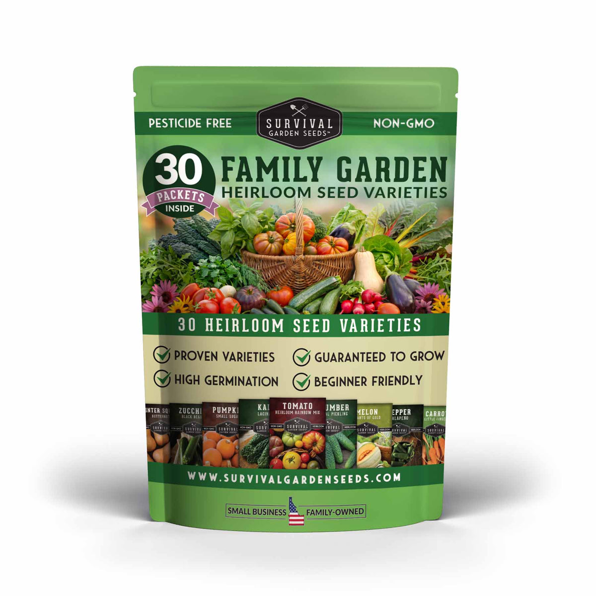 A green stand-up pouch of Survival Garden Seeds '30 Family Garden Heirloom Seed Varieties' seed packets, featuring colorful illustrations of fresh vegetables and herbs on the front, set against a plain white background with a soft shadow.