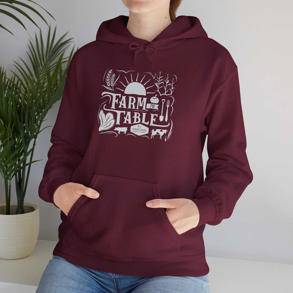 Farm to Table Unisex Hoodie - on female model - Maroon