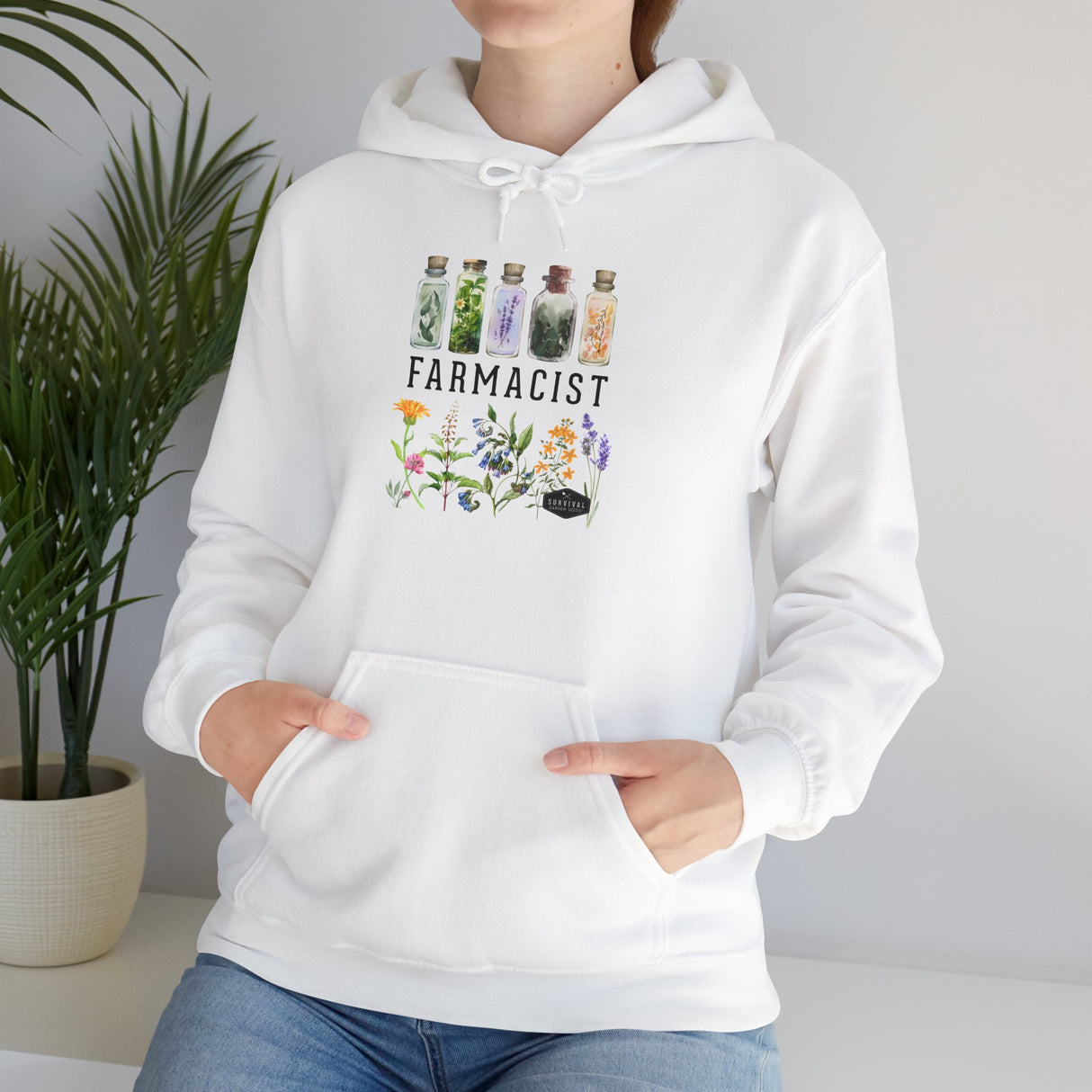 Unisex Hoodie - Farmacist - on female model - white