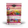 Survival Garden Seeds 36-pack flower garden heirloom seed varieties in a resealable stand-up pouch with a colorful floral design and product details printed on the front.