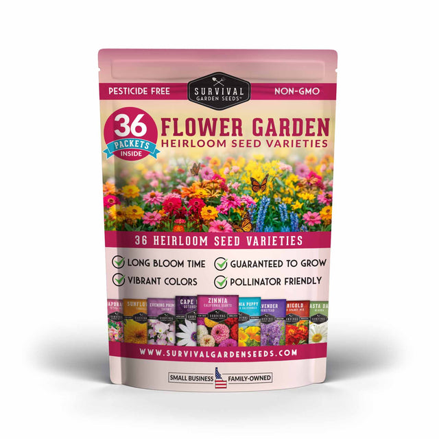 Survival Garden Seeds 36-pack flower garden heirloom seed varieties in a resealable stand-up pouch with a colorful floral design and product details printed on the front.