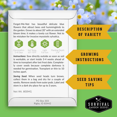 Seed packet with growing instructions and seed saving tips on a green background with flowers.