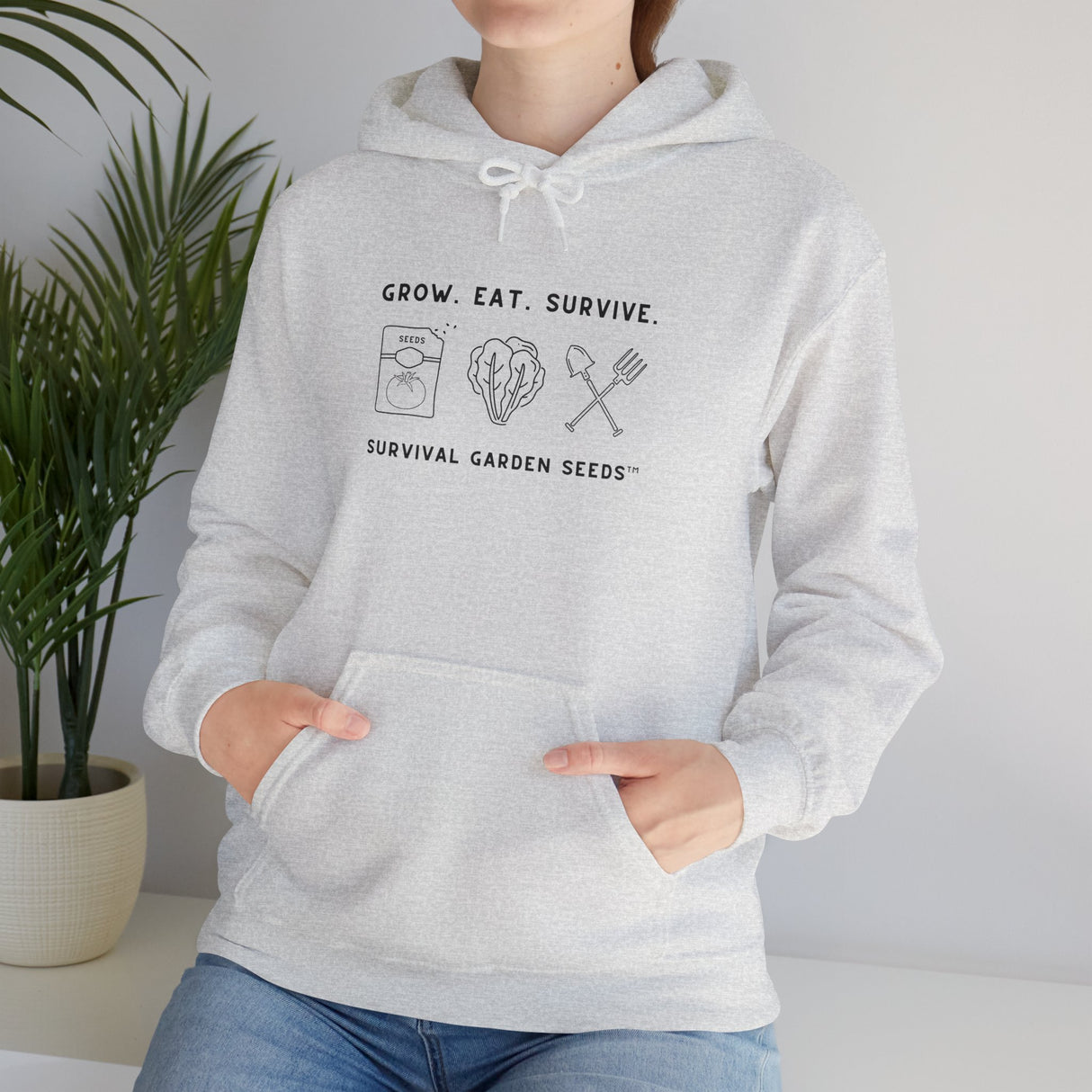 Grow, Eat, Survive Unisex Hoodie on female model - Ash