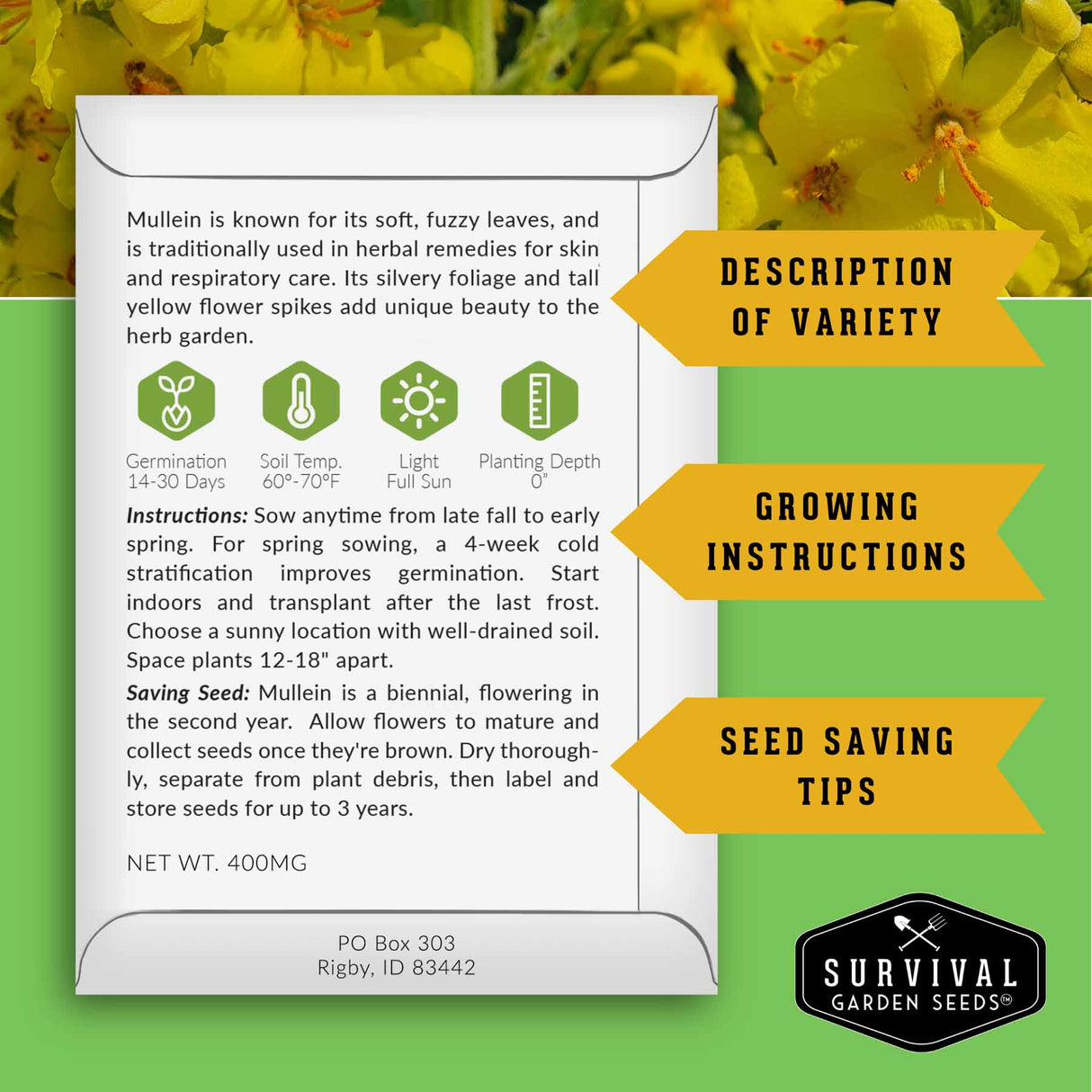 Survival Garden Seeds packaging with text on a green background